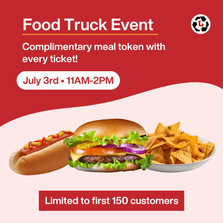 Food Truck Event. Complimentary meal token with every ticket. July 3rd - 11AM-2PM. Limited to first 150 customers.