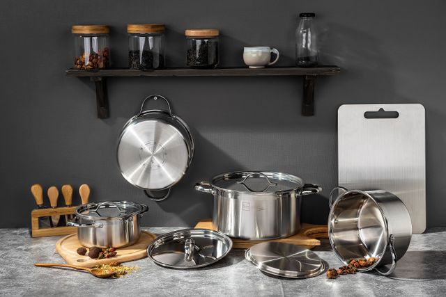 Brushed stainless steel kitchen pots